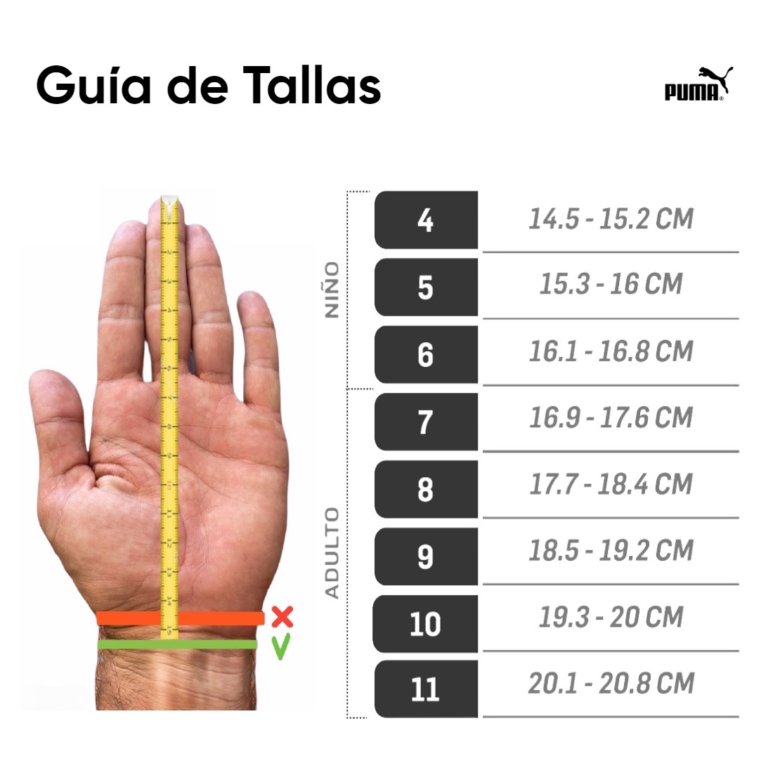 guia de tallas guantes puma